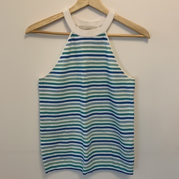 LOFT striped knit sweater halter tank stretch top blue white green size medium - Picture 2 of 11